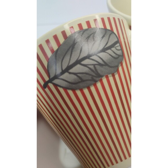 Vtg Retro Coffee Mugs Red Stripes Cream W Gray Leaf Set Of 2 Cups Design Studios - Picture 10 of 11